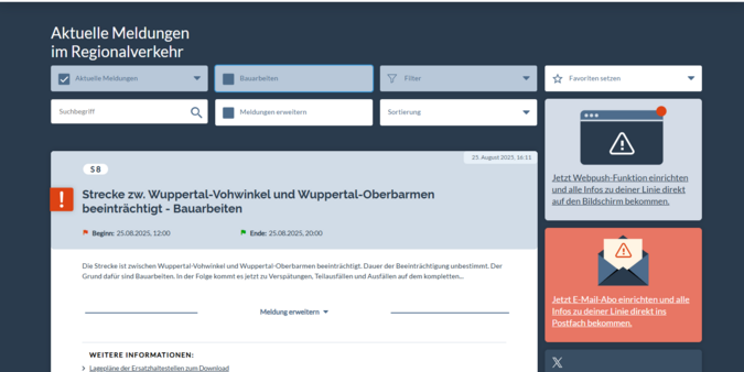 Screenshot von ZUGINFO.NRW - Aktuelle Meldungen im Regionalverkehr